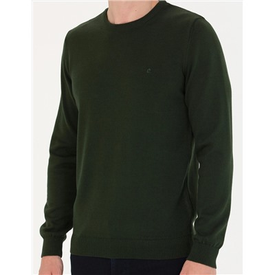 Koyu Yeşil Slim Fit Bisiklet Yaka Basic Triko Kazak