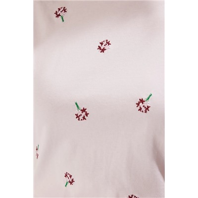 Pembe Boyfriend Çiçek Nakış Detaylı %100 Pamuk Örme Büyük Beden T-shirt TBBSS24BF00029