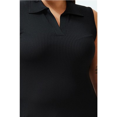 Siyah Fitted/Vücuda Oturan Polo Yaka Esnek Örme Büyük Beden Bluz TBBSS24AF00065