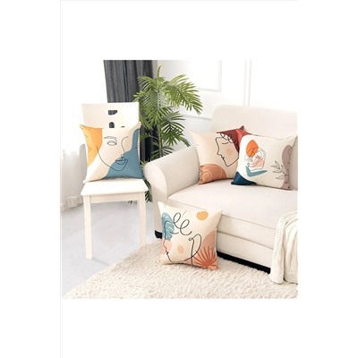 Benlisso Home Kombin Kırlent Kılıfı 4lü Soyut Sanat Yüz Desenli Dekoratif Yastık Minder 43x43 1917