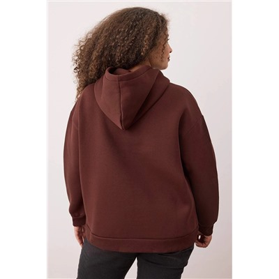 Kahverengi Fiyonklu Ayıcıklı İçi Polarlı/Şardonlu Örme Büyük Beden Sweatshirt TBBAW26AO00013