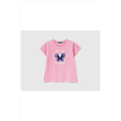 United Colors of BenettonKız Çocuk-pembe-taç Yaprağı Aplikeli T-shirt