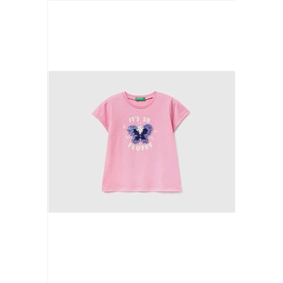 United Colors of BenettonKız Çocuk-pembe-taç Yaprağı Aplikeli T-shirt
