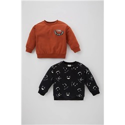 Defacto Erkek Bebek Regular Fit Slogan Baskılı İçi Yumuşak Tüylü İnce Sweatshirt Kumaşı 2'li Sweatshirt B2179A523WN