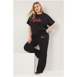 Siyah Regular Fit Slogan Baskılı Kısa Kol Örme Büyük Beden Eşofman Takımı TBBSS25CP00005