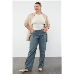 Trendyol Curve Mavi Yüksek Bel Soluk Efekt Vintage Yıkama Geniş Paça Büyük Beden Wide Leg Jeans TBBSS24CJ00042