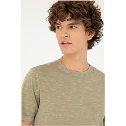 Erkek Regular Fit Bisiklet Yaka Haki Basic Tişört