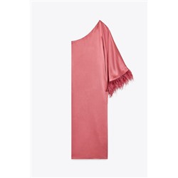 FEATHERED SATIN LONG DRESS