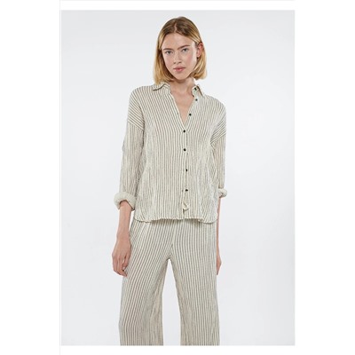 Mavi Çizgili Bej Gömlek Oversize / Geniş Kesim 1210485-82544