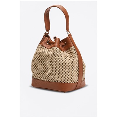 Bolso saco de rafia y piel Monaco Beige y camel