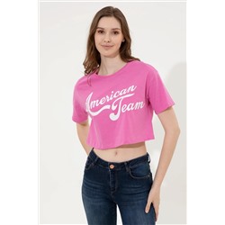 Kadın Pembe Bisiklet Yaka Crop Tişört