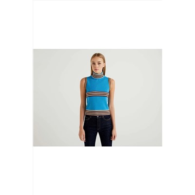 United Colors of Benetton Benetton Kadın Yüz Baskılı Dik Yaka Çizgili Süveter 122A1035E200N-902