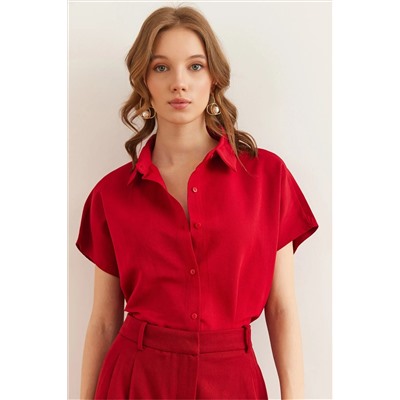 Olalook, Kadın Bordo Yarasa Oversize Keten Gömlek GML-19001109