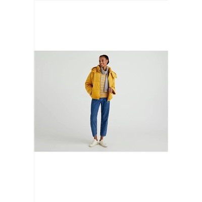 United Colors of Benetton Benetton Kadın Sarı Çıkarılabilir Kapüşonlu Kadife Mont 122A20YXDN01E-29U