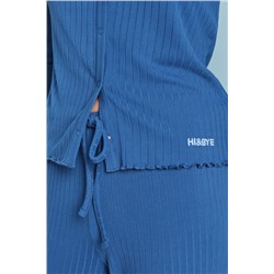 Pijama largo algodón canalé suave azul