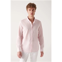 Avva Erkek Açık Pembe Düğmeli Yaka Comfort Fit Rahat Kesim %100 Pamuk Keten Dokulu Gömlek E002141