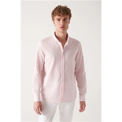 Avva Erkek Açık Pembe Düğmeli Yaka Comfort Fit Rahat Kesim %100 Pamuk Keten Dokulu Gömlek E002141