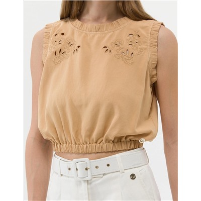 Bej Crop Top Kolsuz Bluz