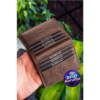 Garbalia, Canvas Vintage Deri Kahverengi Rfid Engelleyici Kartlık Cüzdan