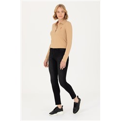 Kadın Kum Basic Polo Yaka Sweatshirt