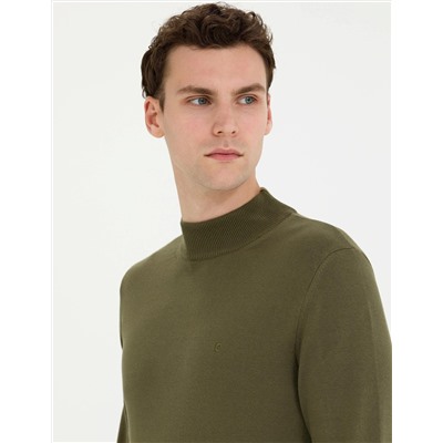 Koyu Haki Slim Fit Yarım Balıkçı Basic Triko Kazak