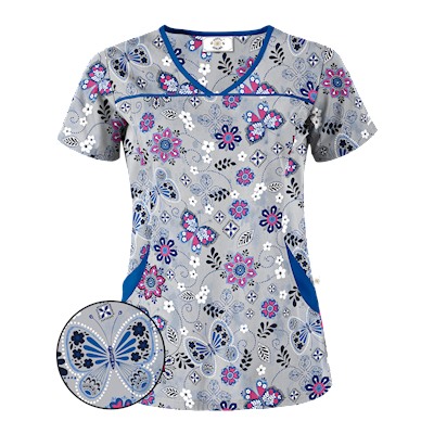 Happy Scrubs® Butterfly Breeze Silver Print Scrub Top