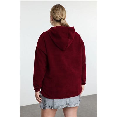 Koyu Vişne Kalın Polar Kapüşonlu Oversize/Bol Kesim Büyük Beden Sweatshirt TBBAW25AO00030