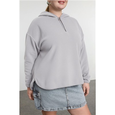 Gri Kalın Polar Kapüşonlu ve Fermuarlı Oversize/Bol Kesim Örme Büyük Beden Sweatshirt TBBAW25AO00030
