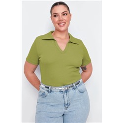 Yeşil Polo Yaka Vücuda Oturan Fitilli Örme Bluz TBBSS22BZ0750