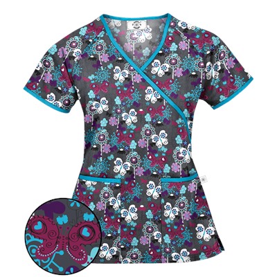 Happy Scrubs® Oh Happy Day Pewter Mock Wrap Scrub Top