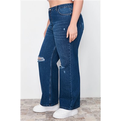 Koyu Mavi Yüksek Bel Destroylu Geniş Paça Büyük Beden Wide Leg Jeans TBBSS22JE00006