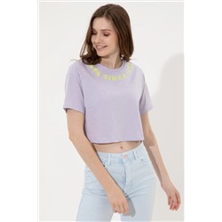 Kadın Lila Bisiklet Yaka Crop Tişört