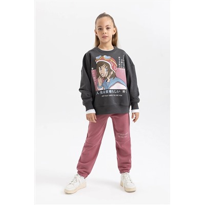 Defacto Kız Çocuk Baskılı İçi Yumuşak Tüylü Sweatshirt Eşofman Altı 2'li Takım B5642A823WN