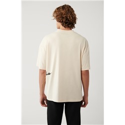 Bej %100 Pamuk Bisiklet Yaka Baskılı T-Shirt