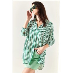 Olalook Kadın Çimen Yeşili Asimetrik Çizgili Oversize Gömlek GML-19001123