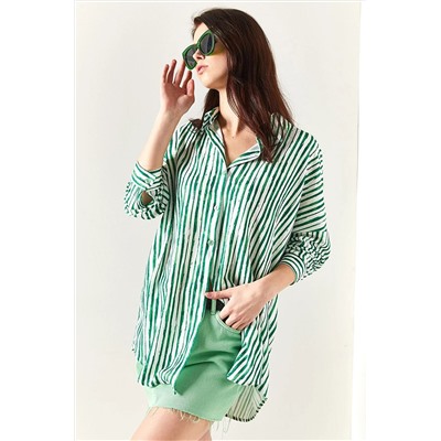 Olalook Kadın Çimen Yeşili Asimetrik Çizgili Oversize Gömlek GML-19001123