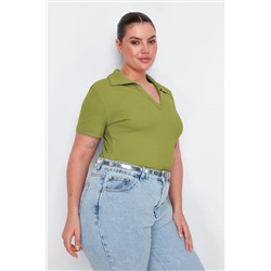 Yeşil Polo Yaka Vücuda Oturan Fitilli Örme Bluz TBBSS22BZ0750