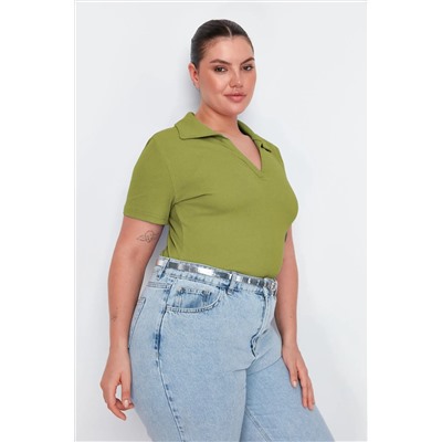 Yeşil Polo Yaka Vücuda Oturan Fitilli Örme Bluz TBBSS22BZ0750