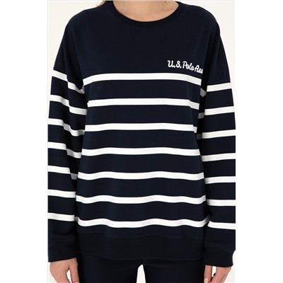 Kadın Lacivert Çizgili Bisiklet Yaka Sweatshirt