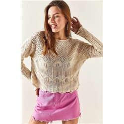 Olalook Kadın Taş Roba Üçgen Detaylı Ajurlu Crop Triko Bluz BLZ-19002326