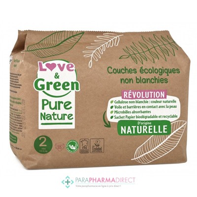 Love&Green Pure Nature - Couches Écologiques Non Blanchies - Taille 2 - 3 à 6kg - 35 couches