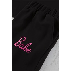 Siyah Regular Fit Slogan Baskılı Kısa Kol Örme Büyük Beden Eşofman Takımı TBBSS25CP00005