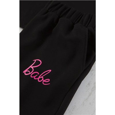 Siyah Regular Fit Slogan Baskılı Kısa Kol Örme Büyük Beden Eşofman Takımı TBBSS25CP00005