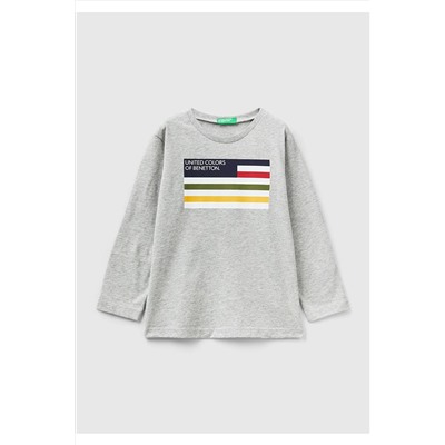 United Colors of Benetton Erkek Çocuk Gri Melanj Slogan Baskılı T-Shirt Gri Melanj 223A3I1XG10A8