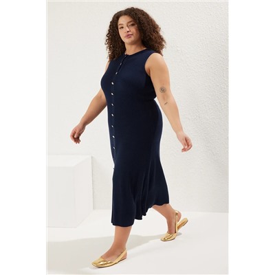 Trendyol Curve Lacivert Düğme Detaylı Midi Boy Triko Elbise TBBSS25AH00120