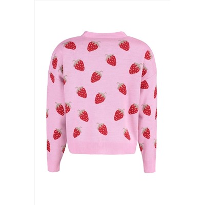 Pembe Çilek Desenli V Yaka Crop Triko Hırka TBBAW23AV00028