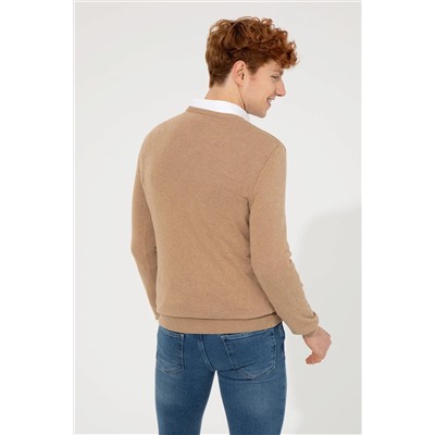 Erkek Camel Melanj V - Yaka Basic Triko Kazak