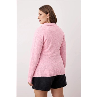 Pembe Polo Yaka Yumuşak Hissiyatlı Triko Kazak TBBAW26AN00024