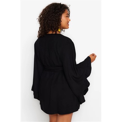 Siyah Kolu Fırfırlı Volanlı Viskon Plaj Giyim Dokuma Büyük Beden Kimono&Kaftan TBBSS23DE00001