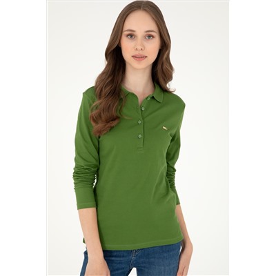 Kadın Yeşil Basic Polo Yaka Sweatshirt